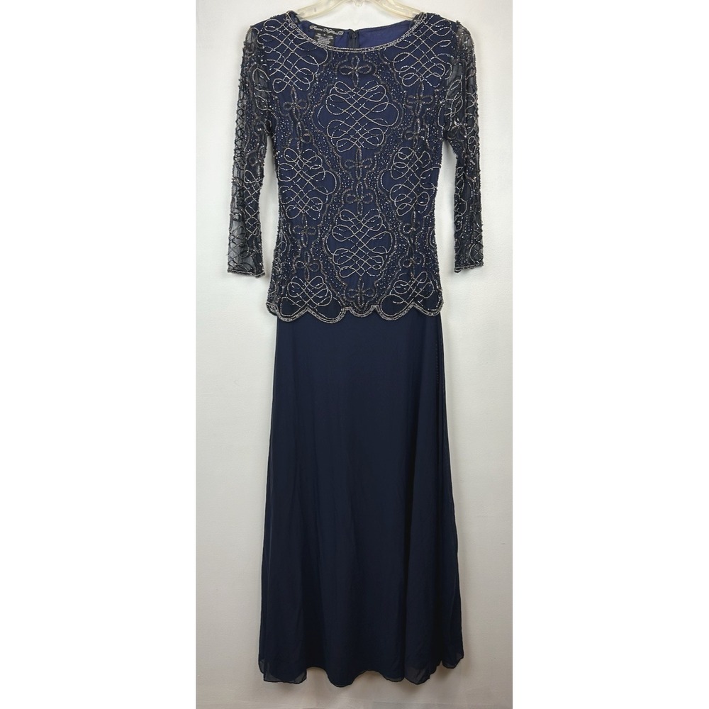 Beaded Mesh Gown Womens 2 Beaded Evening Dress Blue Party Event Mother of Bride